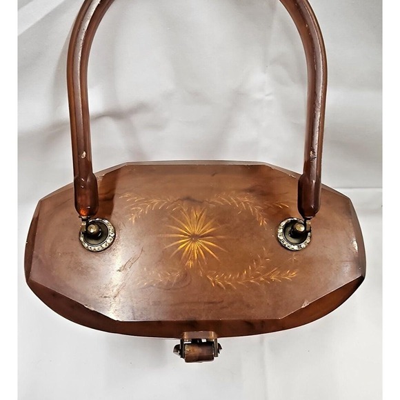 VTG Amber Lucite Purse Mid Century Pocketbook Vintage 1950s Rhinestones - Picture 2 of 16